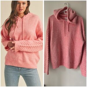 Pink Mixed Knit Over-sized Small Pullover Warm Light Weight Cable Knit Hoodie